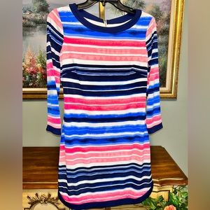 Vince Camuto Striped Blue Pink White Zip Back 3/4 Sleeve Dress
